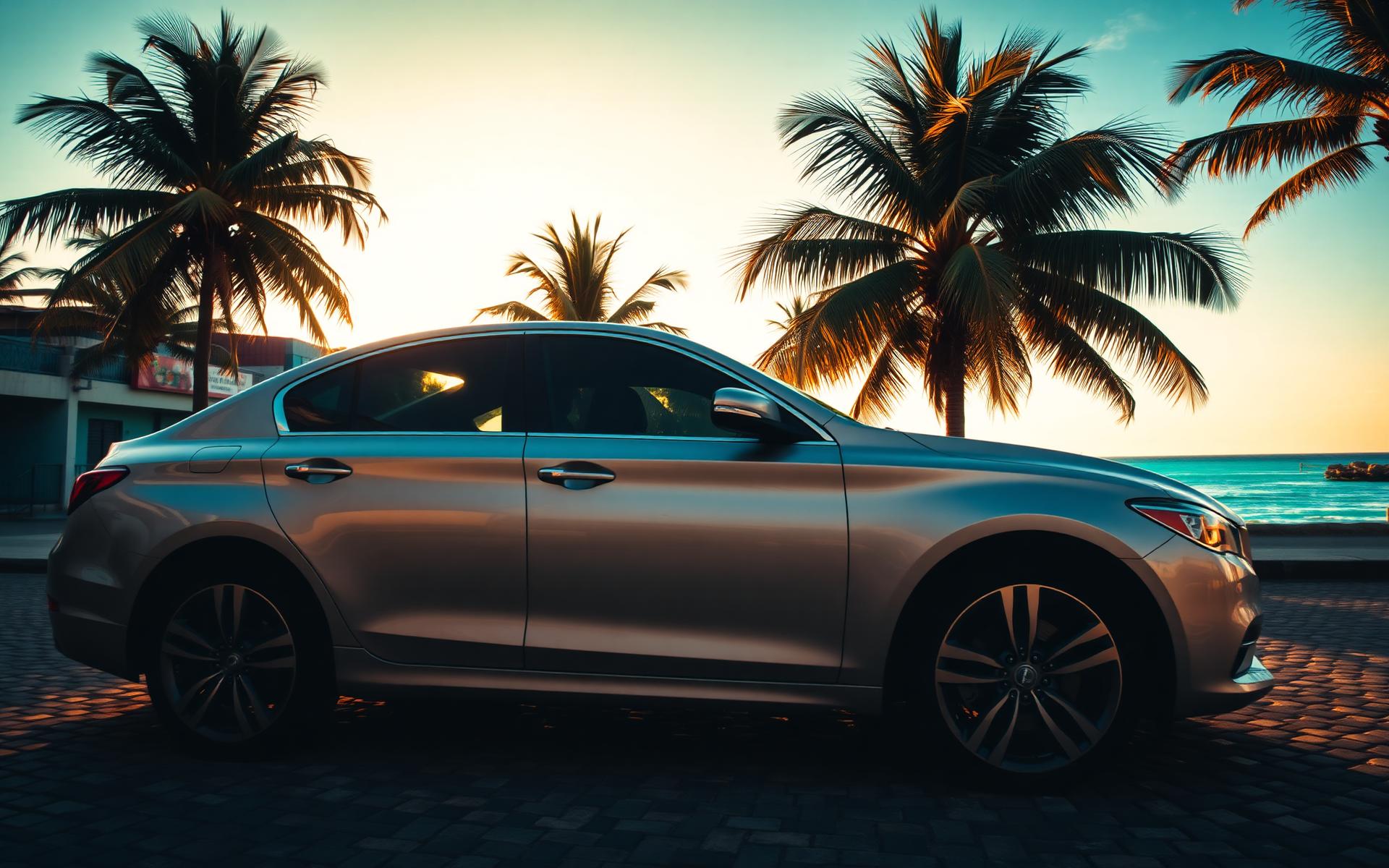 Silver sedan on a cobblestone street in Bucerías at sunset